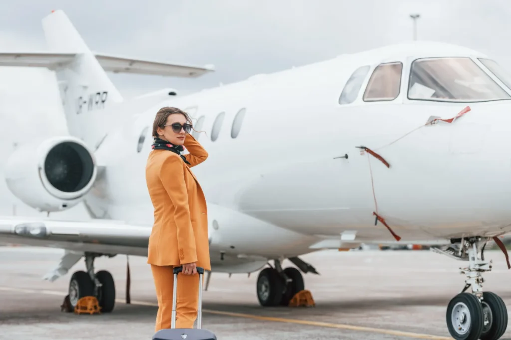 Woman standing beside a private jet on an airport runway before a charter flight.