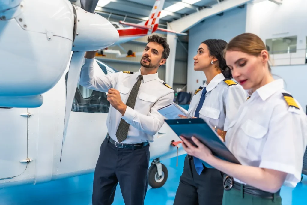Aviation professionals inspecting an aircraft to support safe operations and maintenance.